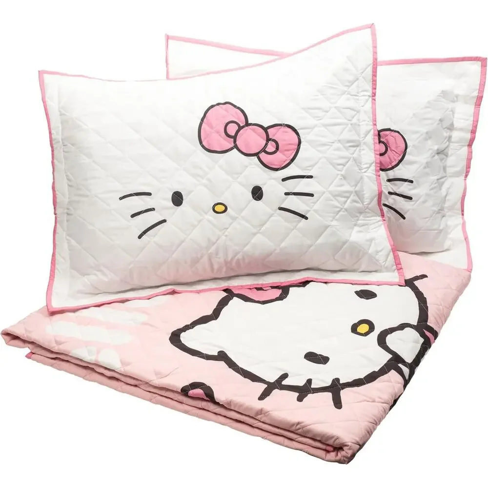 NEW Jay Franco Hello Kitty Pink Stripes & Hearts Twin Size Quilt & Sham Set - Picture 8 of 9